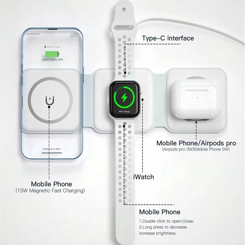 Foldable Wireless Charger 3 in 1 for Iphone 16 15 14 13 12 Pro Max Apple Watch Airpods Fast Charging Dock Station Magsafe Type C