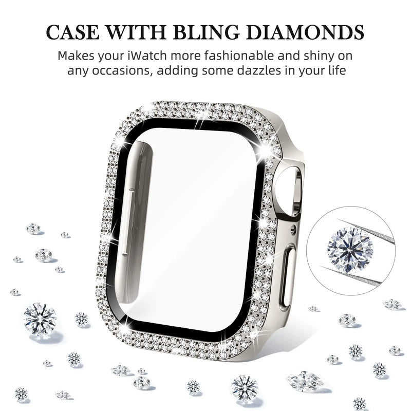 Glass+Diamond Cover for Apple Watch Case 40Mm 44Mm 41Mm 45Mm 38Mm 42Mm Bling Bumper Protector Iwatch Series 9 3 5 6 7 8 Se Case