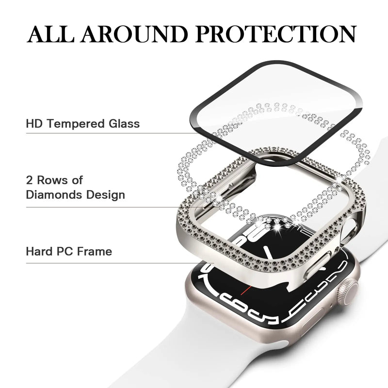 Glass+Diamond Cover for Apple Watch Case 40Mm 44Mm 41Mm 45Mm 38Mm 42Mm Bling Bumper Protector Iwatch Series 9 3 5 6 7 8 Se Case