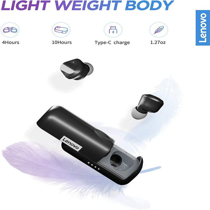 Lenovo True Wireless Earbuds Bluetooth 5.0 IPX5 Waterproof with USB-C Quick Charge and Built-In Microphone for Work/Travel/Gym