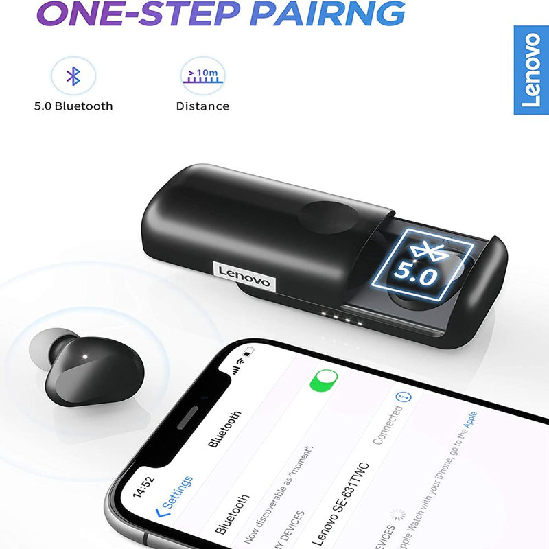 Lenovo True Wireless Earbuds Bluetooth 5.0 IPX5 Waterproof with USB-C Quick Charge and Built-In Microphone for Work/Travel/Gym